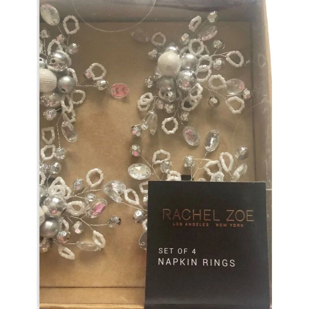 Rachel Zoe Beaded Napkin Rings Set of 4 Rhinestone Silver White 4
